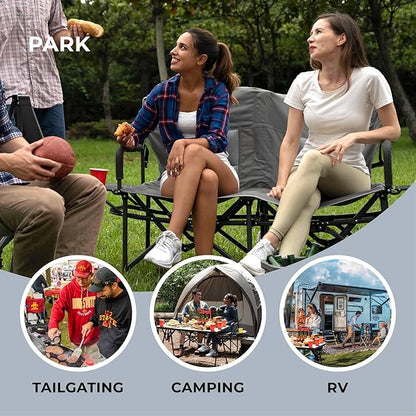 Oversized Double Portable Folding Director’s Loveseat Chair with Padded Backrest, Side Table | Outdoor Sports, Beach, Lawn, Hunting, Tailgating, Fishing| Supports 300 Lbs/Seat