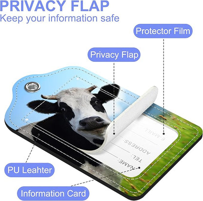 2 Pack Luggage Tag for Suitcase Funny Cow Leather Suitcase Tags with Identifiers Privacy Cover Name Address Labels and Stainless Steel Loop for Teens Adults, 4.6 x 2.7 inch