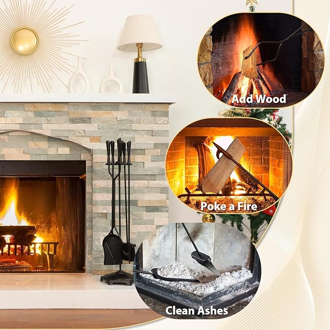FEED GARDEN Fireplace Tools Set 5 Pieces Modern 32 Inch Outdoor Wrought Iron Fireplace Accessories Set with Log Holder Poker, Tong, Shovel, Brush, Base, Black