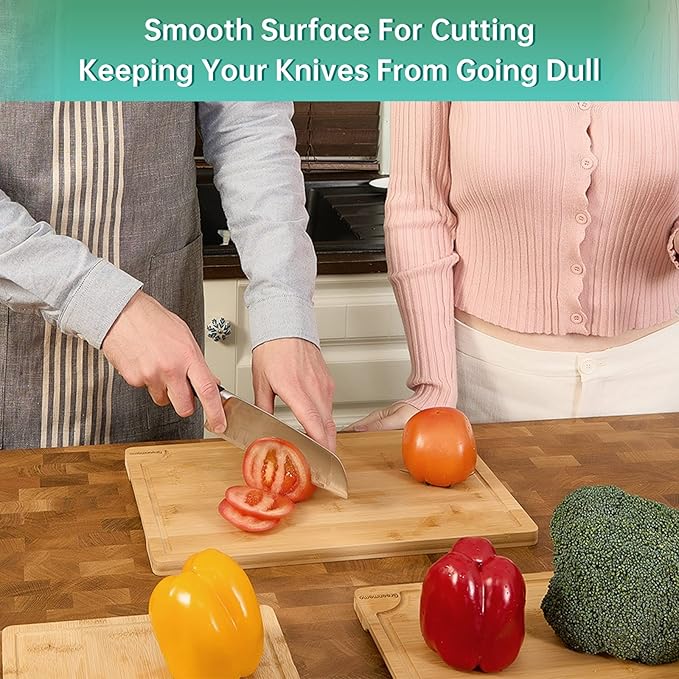 Bamboo Cutting Boards for Kitchen, Wood Cutting Board with Holder, Bamboo Cutting Board Set Reversible with Juice Grooves for Meat Cheese Fruit and Vegetables (Four Piece Set)