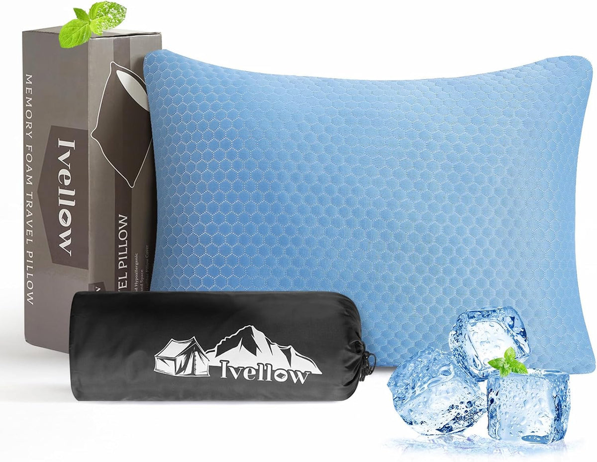 Ivellow Travel Pillow Cooling Camping Pillow for Sleeping Compressible Shredded Memory Foam Pillow Compact Firm Supportive Pillow for Adults Kids Outdoor Backpacking Hiking Essential Gear Blue M