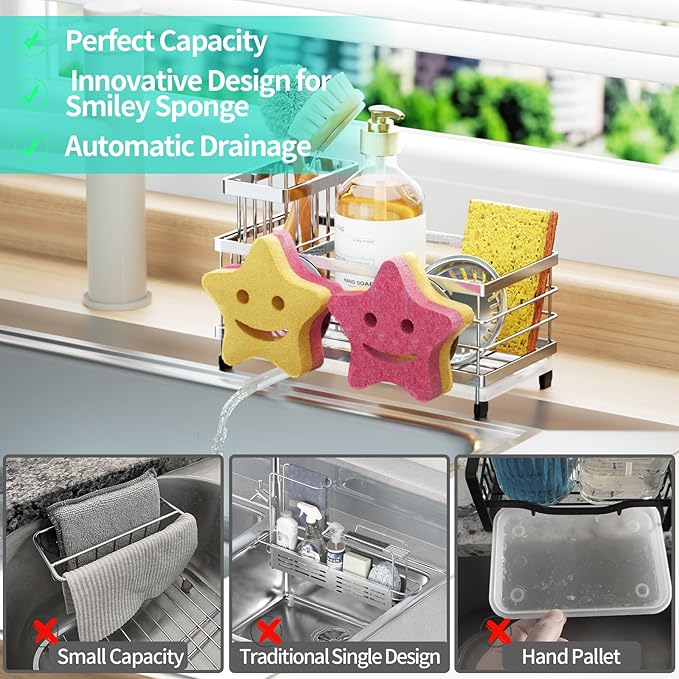 HapiRm Sink Caddy Sponge Holder - Self-draining Kitchen Sink Organizer with Smiley Face and Brush Holder, Stainless Steel Kitchen Sponge Caddy for Countertop - Silver