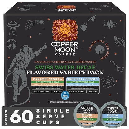 Copper Moon Coffee Swiss Water Decaf Flavored Variety Pack, 60 Count
