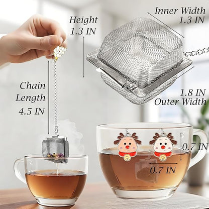 Christmas Themed Tea Ball Set, 2 PCS Cubic Tea Strainers for Loose Leaf Tea, Reusable Stainless Steel Mesh Tea Steeper, Tea Infuser with Brown Caribou and White Reindeer Pendant