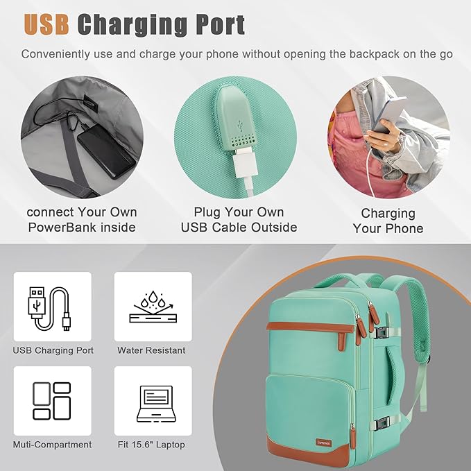 40L Travel Backpack with USB Charging Port, Water-Resistant Carry On Backpack for Men Women, Business Laptop Backpack for Trips & Commutes, Fits 15.6/17.3 Inch Laptop