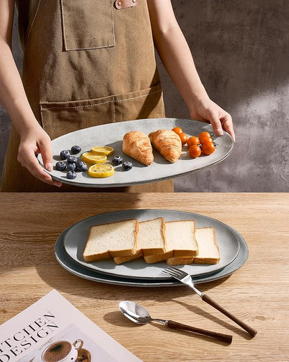 famiware Serving Platter, Oval 15.59/14.3/12.9inch Serving Dishes for Entertaining, Serving Bowls, Reactive Glaze, Stoneware Serving Trays for Party, Food, Turkey, Cheese, Ocean Series, Grey