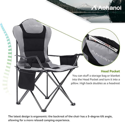 2 Pack Camp Chairs for Heavy People, Outdoor Folding Camping Chairs with Cup Holder & Cooler Bag for Outside Supports up to 300lbs (2 Pcs, Black)