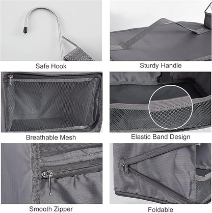 TABITORA Travel Portable Hanging Shelves Closet Organizer Packing Luggage Storage with Multifunctional and Foldable Invisible Compartment,Lightweight, for Suitcase, RV,Closet…Grey,XL