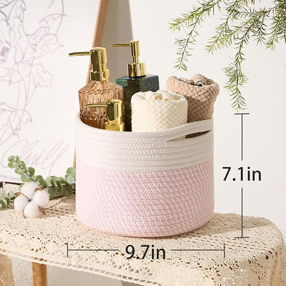 Small Basket for Organizing | Cube Shelf Closet Storage Baskets | 9.7×9.7×7.1” | Woven Rope Gift Basket | Nursery | Round 3 Packs Pink
