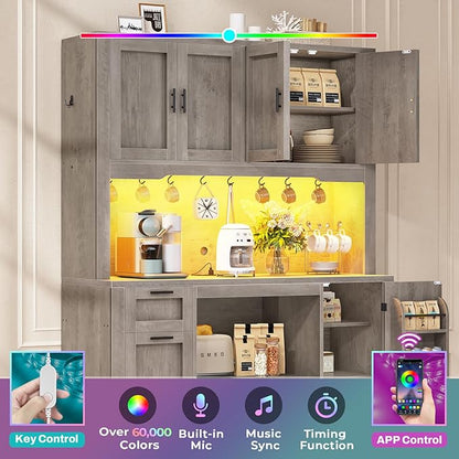 Itaar 71" Pantry Cabinet with Charging Station and LED Light, Kitchen Pantry Cabinet with Microwave Stand, 47.2" Wide Kitchen Storage Cabinets with Storage Cart 3 Tier for Dining Room, Grey