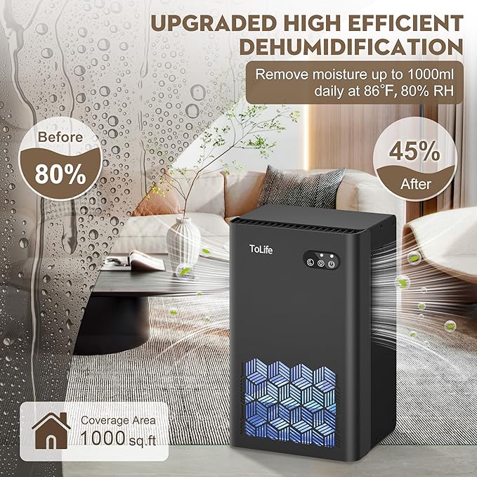 ToLife Dehumidifier for Home, 1000 sq.ft Dehumidifiers for Basement Bedroom Bathroom with 95 OZ Water Tank, Auto Shut Off 7 Colors LED Light, Black