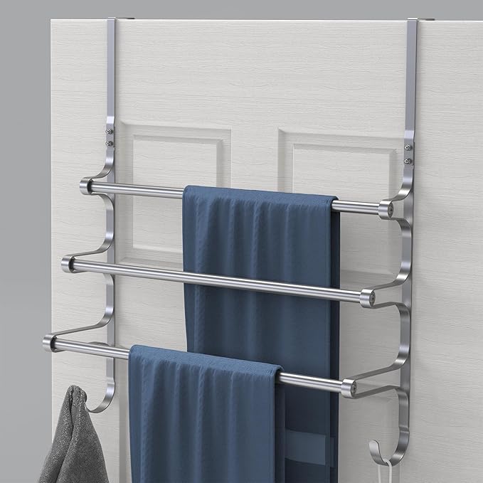 Over The Door Towel Rack, Over Door Towel Rack for Bathroom Door, Triple Towel Storage Holder with Hooks (Silver Gray, 17.32" L)