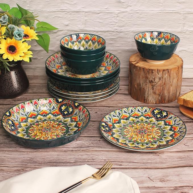 YA JU Mandala Dinnerware Sets Serves 4, Buffet Dinnerware, Boho Plates and