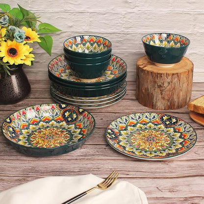YA JU Mandala Dinnerware Sets Serves 4, Buffet Dinnerware, Boho Plates and