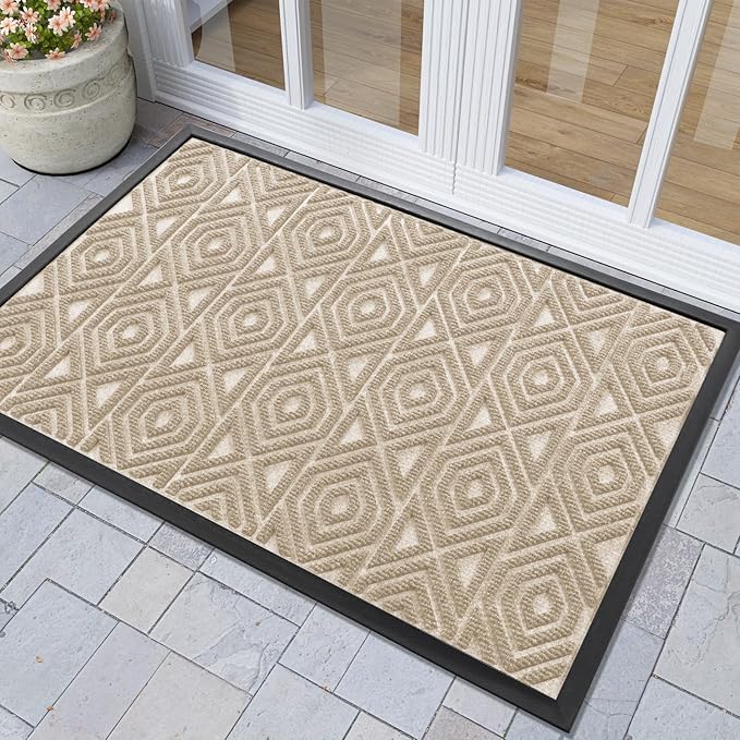 Yimobra Door Mat, Outdoor Indoor Entrance Welcome Mat, Heavy Entry Front Door Mat, Stain & Fade Resistant, Low Profile, Sturdy Rubber, Easy Clean Patio Floor Mat, Waterproof, 36 x 24, Light Beige