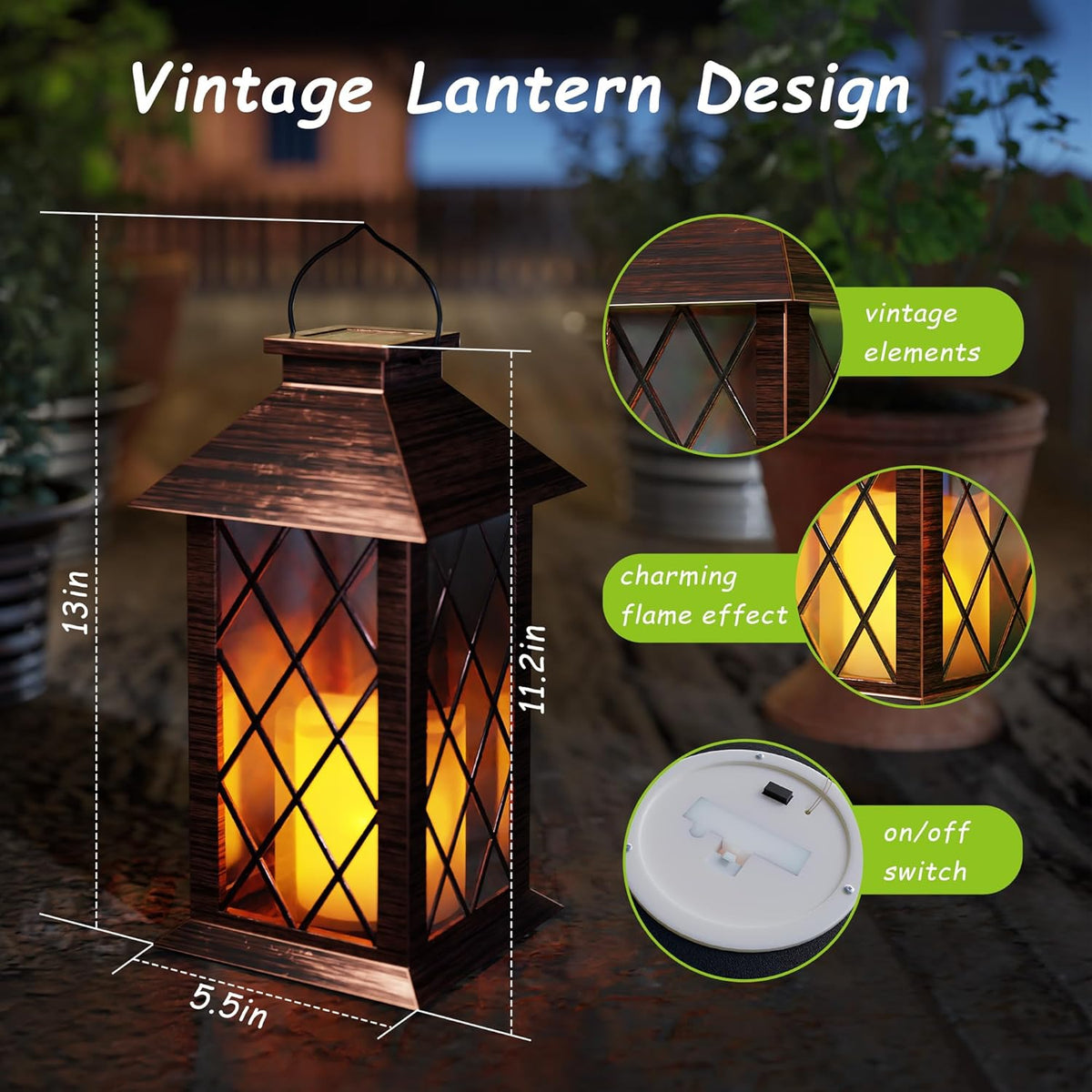 Outdoor Solar Lanterns, Waterproof Hanging Lantern with LED Flickering Flameless Candle, 13'' Bronze Outdoor Solar Powered Lantern Decor for Porch Patio Garden Balcony Pathway, 1 Pack