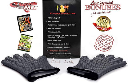 KITCHEN PERFECTION Silicone Smoker Oven Gloves-Extreme Heat Resistant BBQ Gloves-Handle Hot Food Right on Your Grill Fryer & Pit|Waterproof Grilling Cooking Baking Mitts|Superior Value Set +3 Bonuses