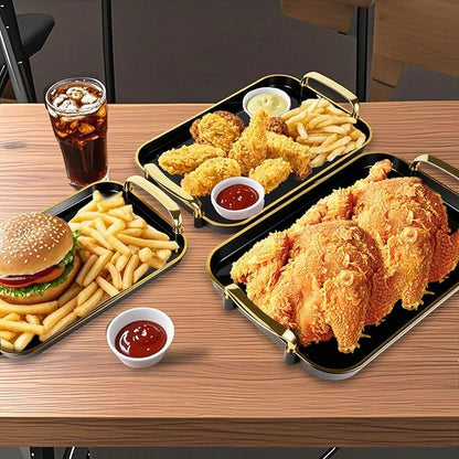 Serving Tray with Handles Set of 3 Rectangular Large Serving Platters 16.5/14.9/13.2 Inch White Plates for Dinner, Party, Entertaining, Black Gold