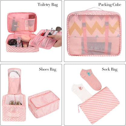 BAGAIL 8 Set Packing Cubes Luggage Packing Organizers for Travel Accessories-White and Pink Stripe