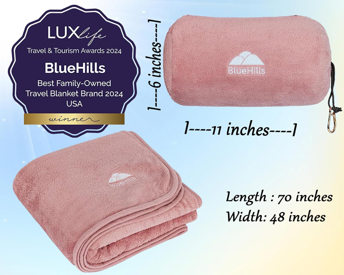 BlueHills Travel Blanket Pillow Rolled Premium Soft Plush Airplane Throw Traveling Gifts Compact in a Bag 70 X 48 inches Long Plane Flight Portable Lightweight Pink R02