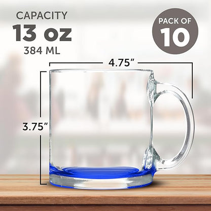 Libbey Clear Glass Coffee Mugs 13 oz. Set of 10, Bulk Pack - Perfect for Coffee, Tea, Espresso, Hot Cocoa, Other Beverages - Blue Bottom