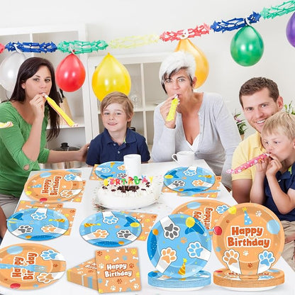 96Pcs Blue Dog Happy Birthday Party Supplies Cartoon Puppy Paper Plates and
