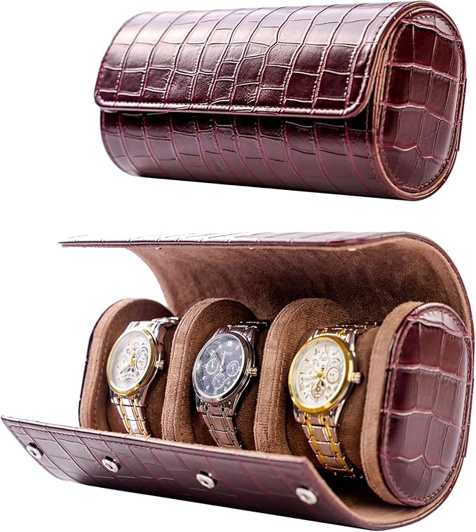 MR.OKAY 3 Watch Travel Case-Classic Leather Watch Case With Superb Texture. (Portable Watch Roll Or Organizer For Storage And Display).Festival Gift For Men, All Handcrafted By Artisans.