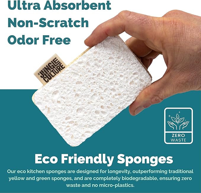 Jungle Culture Eco Sponge Set of 4 • Eco Friendly Natural Dishwashing Sponges • Non-Scratch, Biodegradable & Durable • Double Sided Loofah Kitchen Scourer • Compostable & Reusable Washing Up Sponges