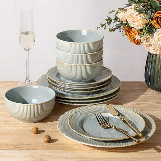 Ceramic Dinnerware Set for 4, 12-Piece Plates and Bowls Set | Lightweight