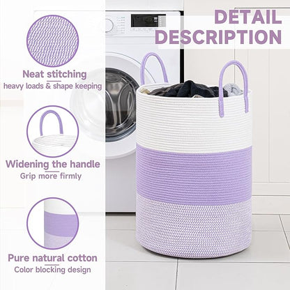CLHMILY&Z 80L Laundry Basket Round Storage Rope Basket - 16.5x22.5 Inches - Lavender Hamper in Bedreoom and Cute Storage Bin for Blankets, Toys, and Nursery Essentials