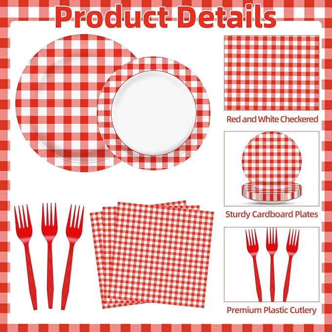 100 Pcs Red White Gingham Party Supplies Set, Serves 25 – Disposable Checkered