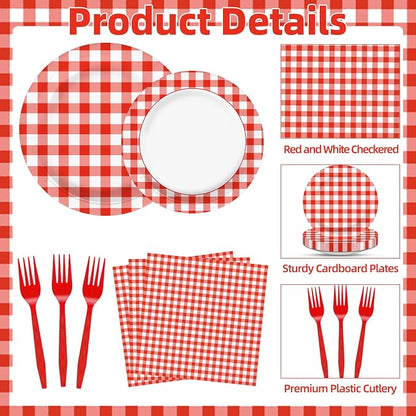 100 Pcs Red White Gingham Party Supplies Set, Serves 25 – Disposable Checkered