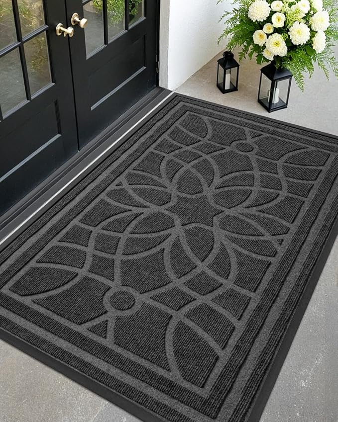 DEXI Front Door Mat Outside Entrance, Heavy Duty Non Slip Low Profile Doormat for Entryway, Trap Dirt and Moisture Welcome Mats, Easy Clean, Patio, Garage, 5x3, Grey