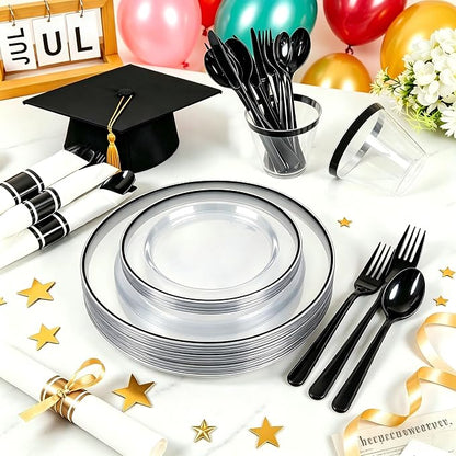 SUT 175 Pcs Black and Clear Plastic Dinnerware Set