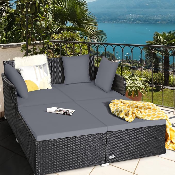 Tangkula Outdoor Rattan Daybed, Wicker Furniture