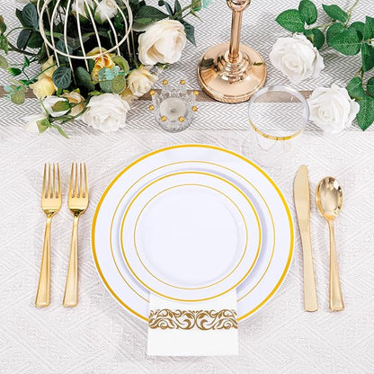 Supernal 800Pcs Gold Plastic Dinnerware Set, White Elegant Plastic Plates, Heavy Duty Disposable Plates Serve 100 Guests Including Dinner & Dessert Plate, Gold Silverware, Cups and Napkins for Wedding
