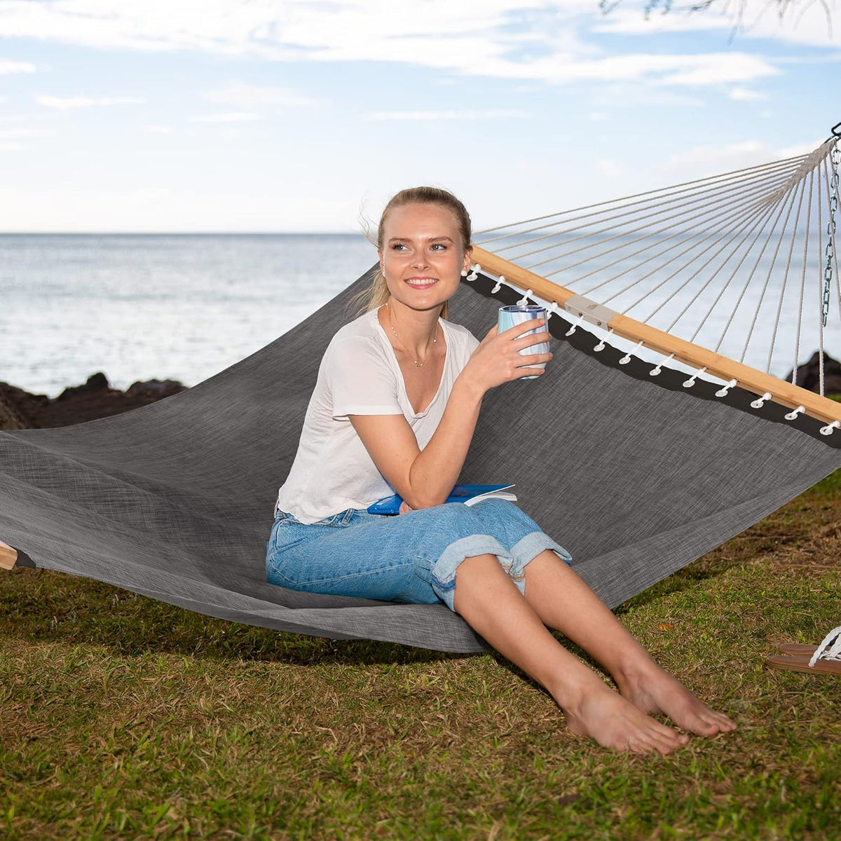 SUNCREAT Portable Double Outdoor Hammock, 450lbs Capacity, Quick Dry 2 Person Hammock with Carrying Bag, Dark Gray