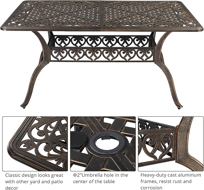 VINGLI 6-Person Outdoor Dining Table, Cast Aluminum Patio Dining Table