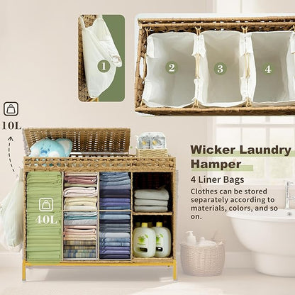 Laundry Hamper with Lid, 130L (34.4 Gal) Rattan Laundry Hamper 3 Section with 50L (13.2 Gal) Storage Shelf, Wicker Woven Laundry Sorter Basket with 4 Liner Bags and Handles, Gray GLH003G