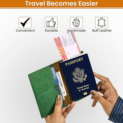 LEATHER VILLAGE Leather Passport Holder Cover – Travel Wallet with Card Slots, Vintage Passport Case for Men & Women – Cute Organizer for Travel Accessories & Documents - Green