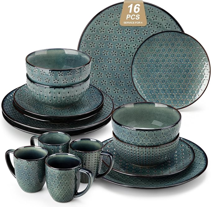 MALACASA 16 Pieces Dinnerware Sets, Farmhouse Plates and Bowls Sets, Embossed