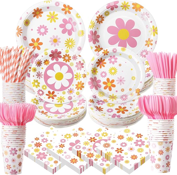 450 Pcs Daisy Groovy Tableware Set Decorations, Serves 50 | Boho Daisy Flower