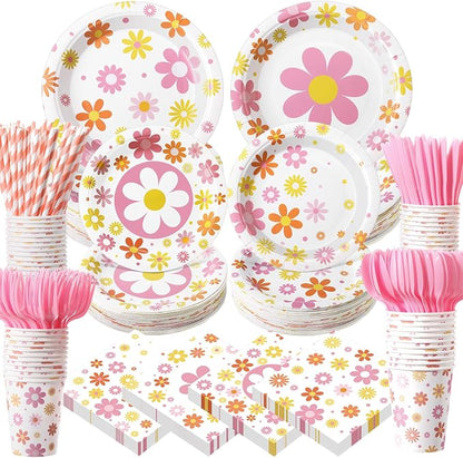 450 Pcs Daisy Groovy Tableware Set Decorations, Serves 50 | Boho Daisy Flower