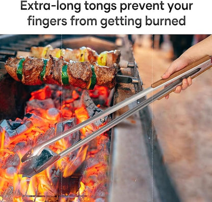 18-Inch Long Stainless Steel BBQ Tongs with Extended Luxurious Acacia Handle – Durable and Easy-to-Clean Grilling Tool for Cooking, Kitchen Use, and Outdoor Barbecues
