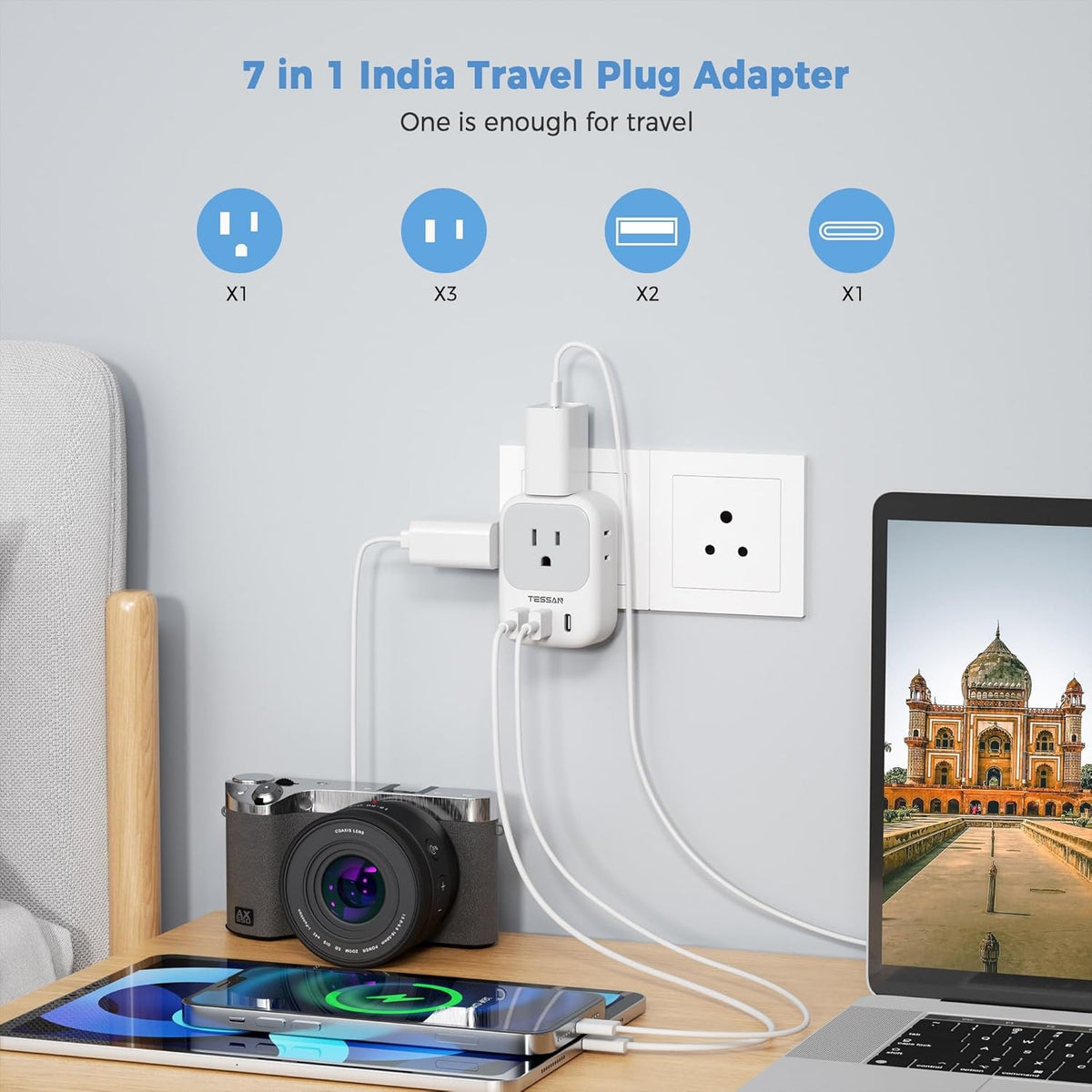 India Plug Adapter 2 Pack, TESSAN Type D Travel Adapter with 4 Outlets 3 USB Charger (1 USB C Port), US to Indian Outlet Adaptor for USA to Bangladesh, India, Kuwait, Maldives