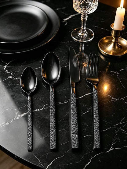 Black Silverware Set for 8 Modern Square Flatware Set Stainless Steel 32 Piece
