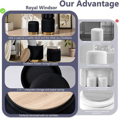 Royal Windsor Round Ottoman with Storage Set of 2, Vanity Stool with Storage for Bedroom, Ottoman Coffee Table Gold-Tone Ring Around The Base, Small Velvet Foot Stool for Living Room, Black
