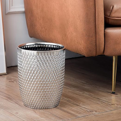 Modern Round Silver Small Trash Can Wastebasket, Garbage Container Bin for Bathrooms, Powder Rooms, Kitchens, Home Offices - Durable Ceramics - Round