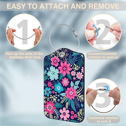 2 Pcs Colorful Flowers and Leaves Luggage Tags for Suitcases PU Leather Baggage Tags Name ID Label with Privacy Cover and Stainless Steel Loop for Men Women Travel Bag Suitcase