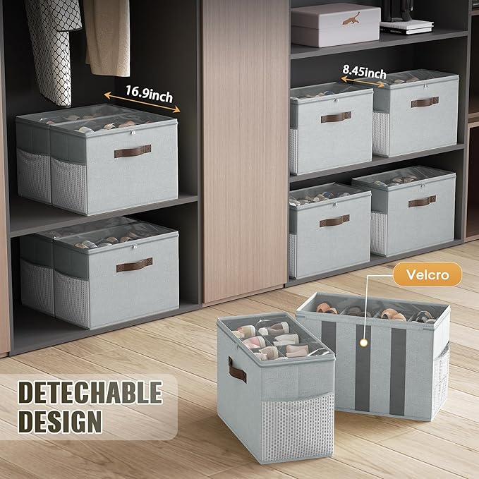Budding Joy 2 Pack Shoe Organizer for Closet, Clear Foldable Shoe Storage Containers Adjustable Dividers Fits 16 Pairs,Shoe Storage Bins Baskets Boxes with Reinforced Handles Light grey